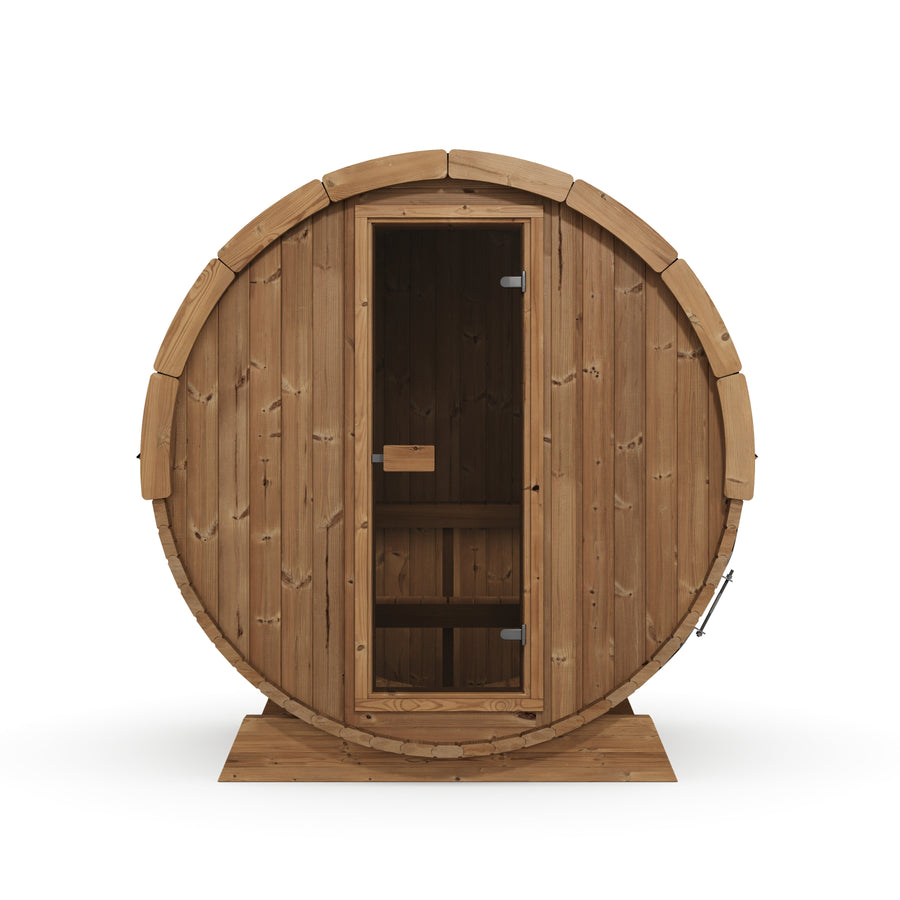Terrace Barrel Sauna — Thermowood Garden Sauna for Decking, 1.6m — thermowood — front view 2