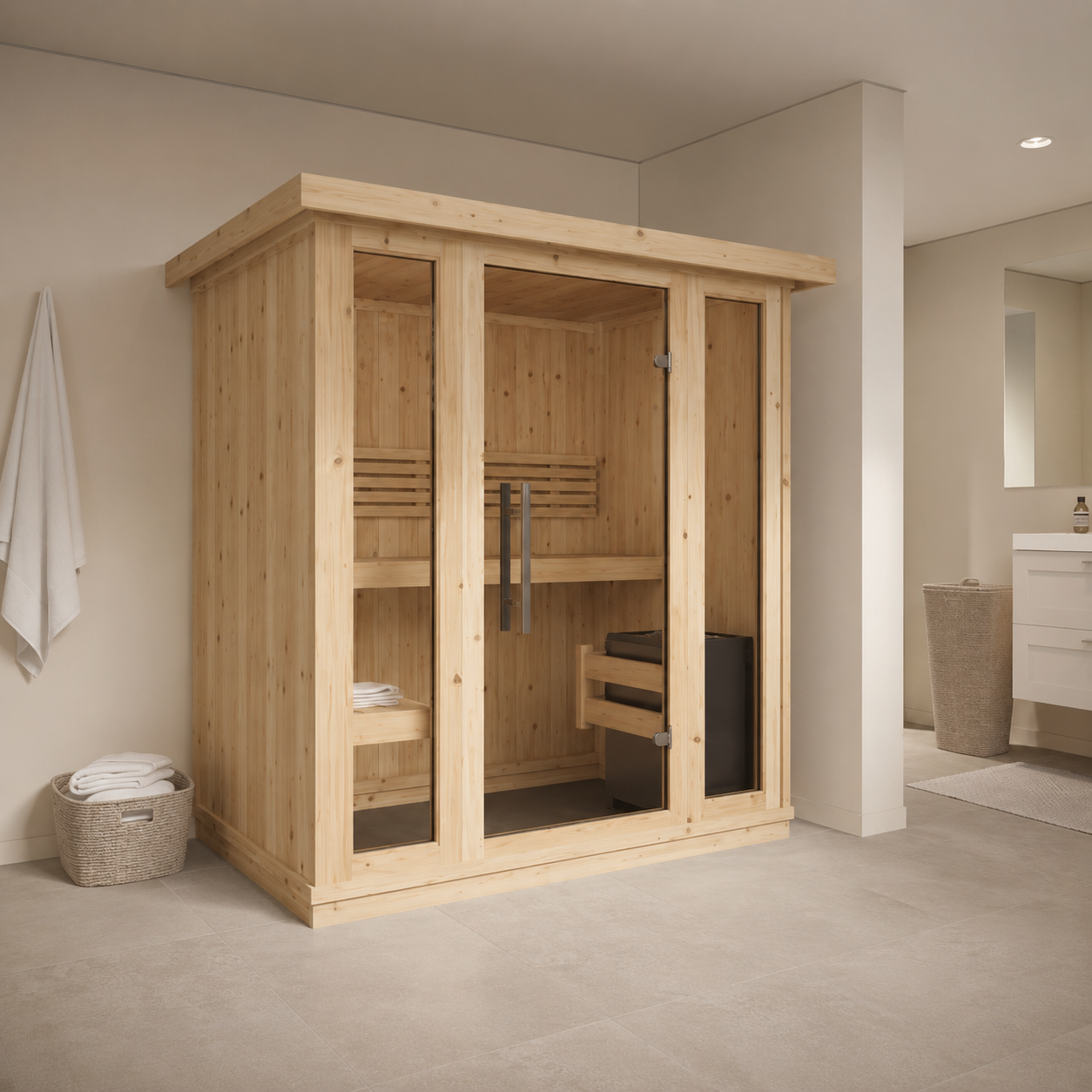 Indoor Home Sauna Small — 2–3 Person 34mm Spruce Indoor Sauna, Aspen Benches, Floor Not Included, 1.95 × 1.31m