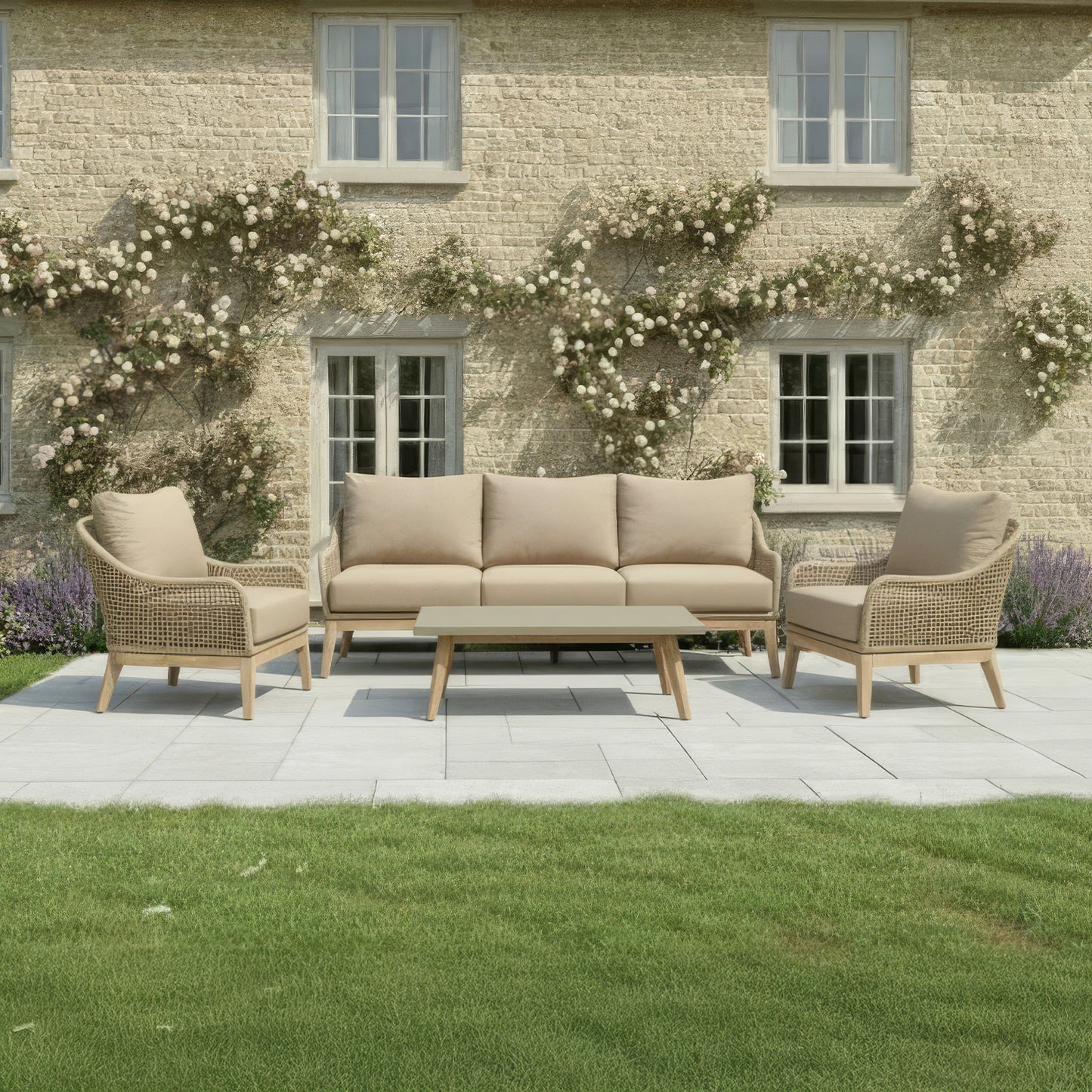 Nova Summer 3 Seater Sofa Lounging Set with Rectangular Coffee Table - Beige product exterior view