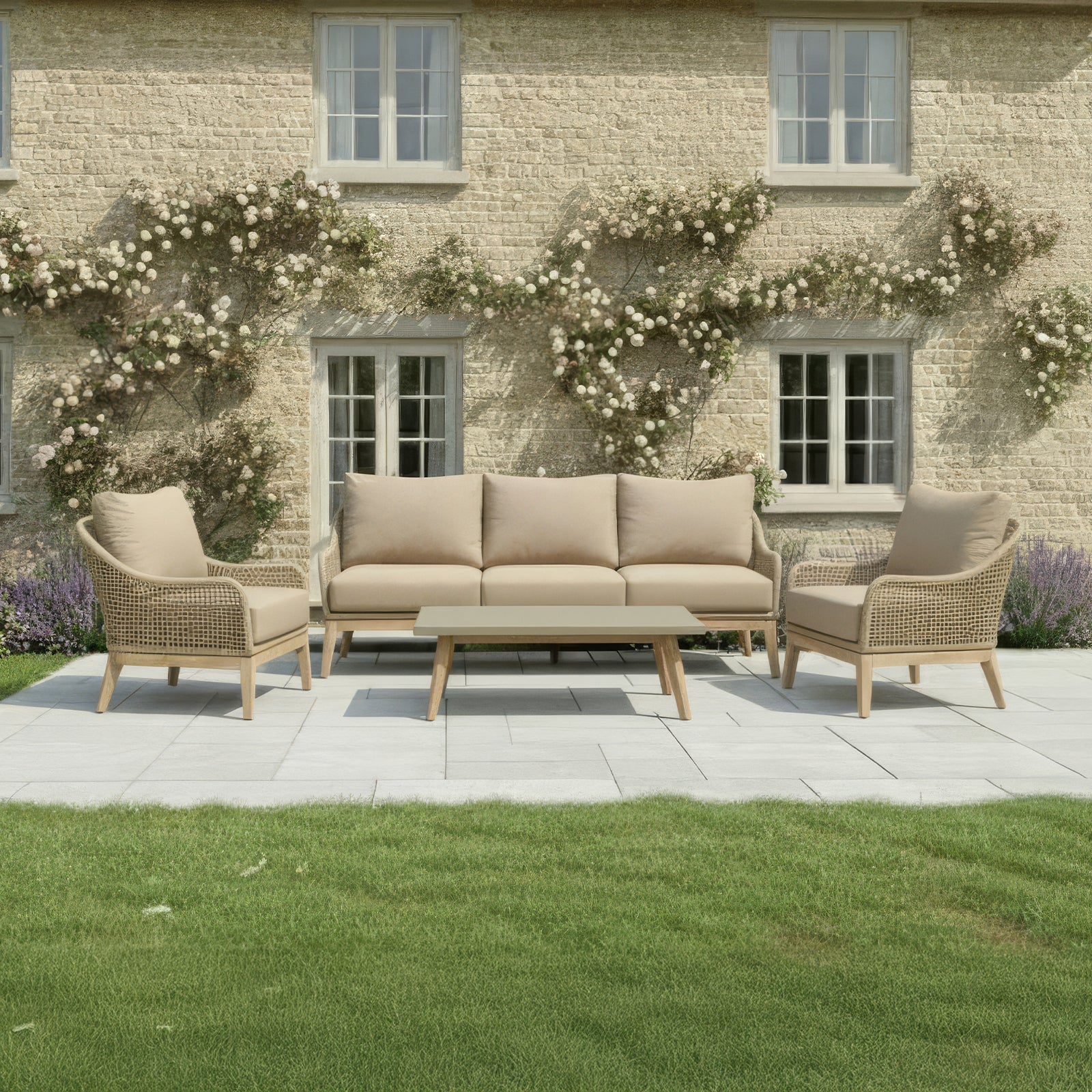 Nova Summer 3 Seater Sofa Lounging Set with Rectangular Coffee Table - Beige product exterior view