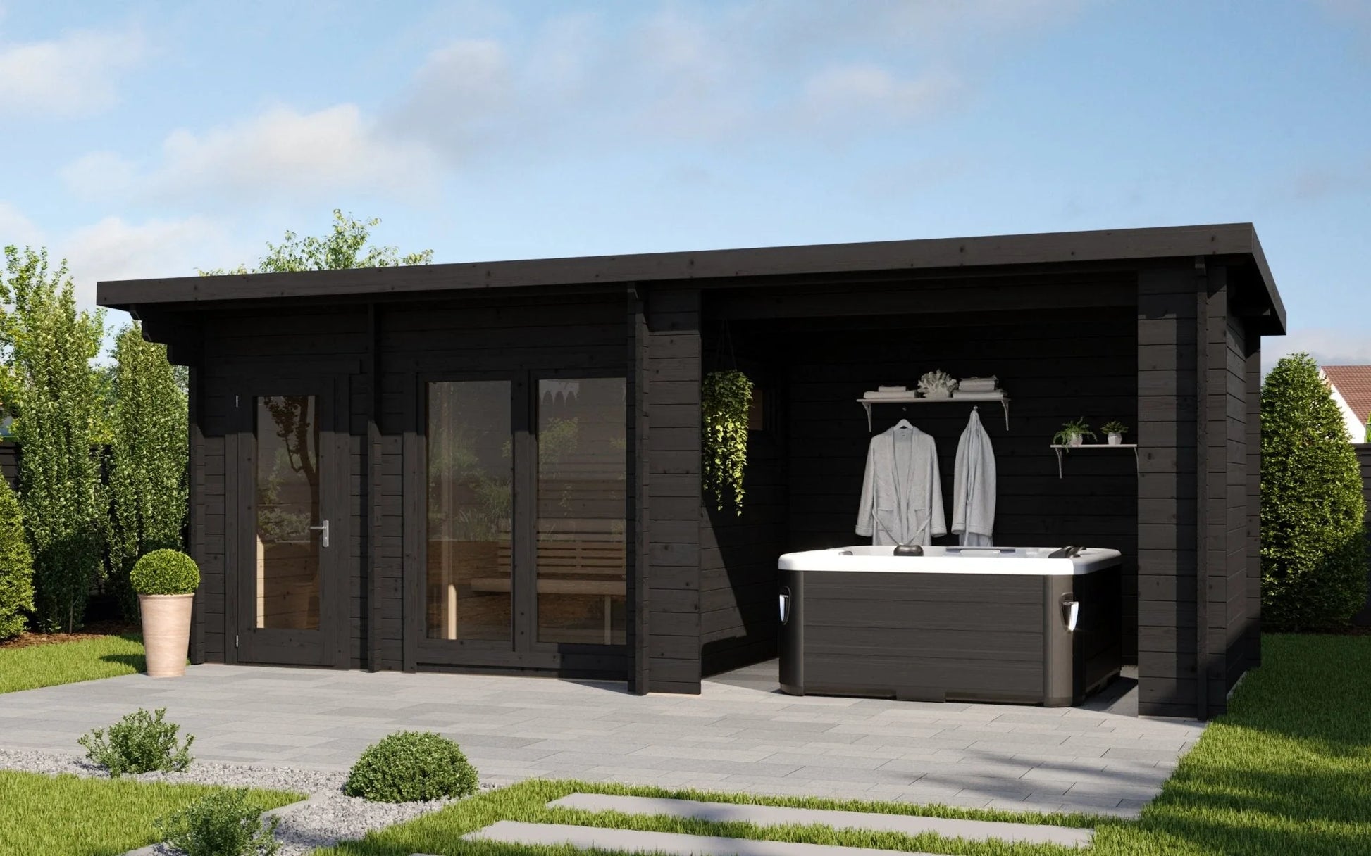 howe 260 deluxe 2 4 person outdoor sauna with canopy changing room product exterior view — view 2