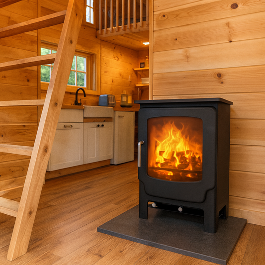 Wooden interior with a lit stove and staircase