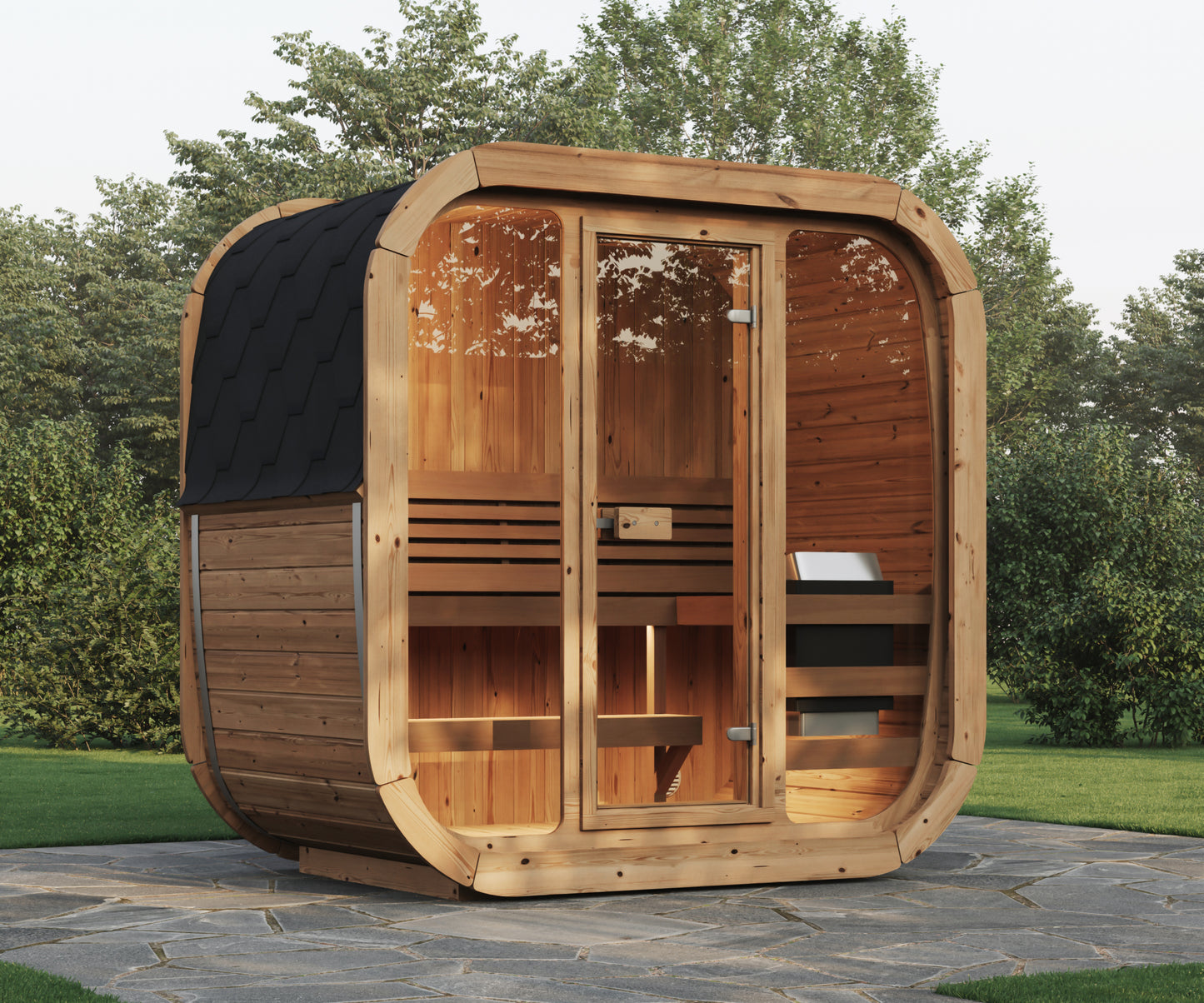 beacon 125 mini deluxe thermowood with glass front 2 person outdoor cube sauna product exterior view — view 2