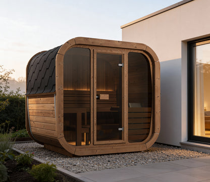 beacon 160 plus deluxe thermowood with glass front 4 person outdoor cube sauna product exterior view — view 6