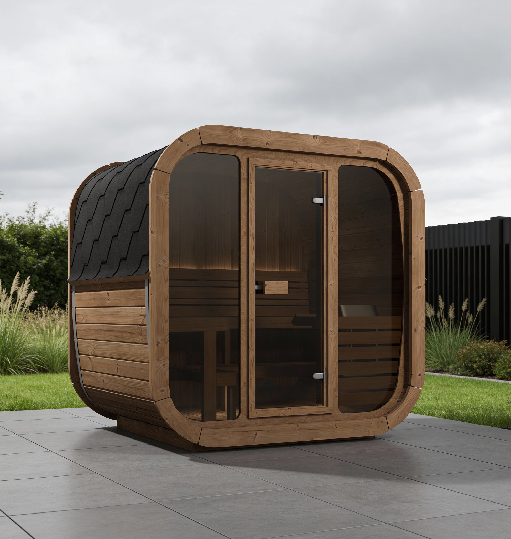 beacon 160 plus deluxe thermowood with glass front 4 person outdoor cube sauna product exterior view — view 7
