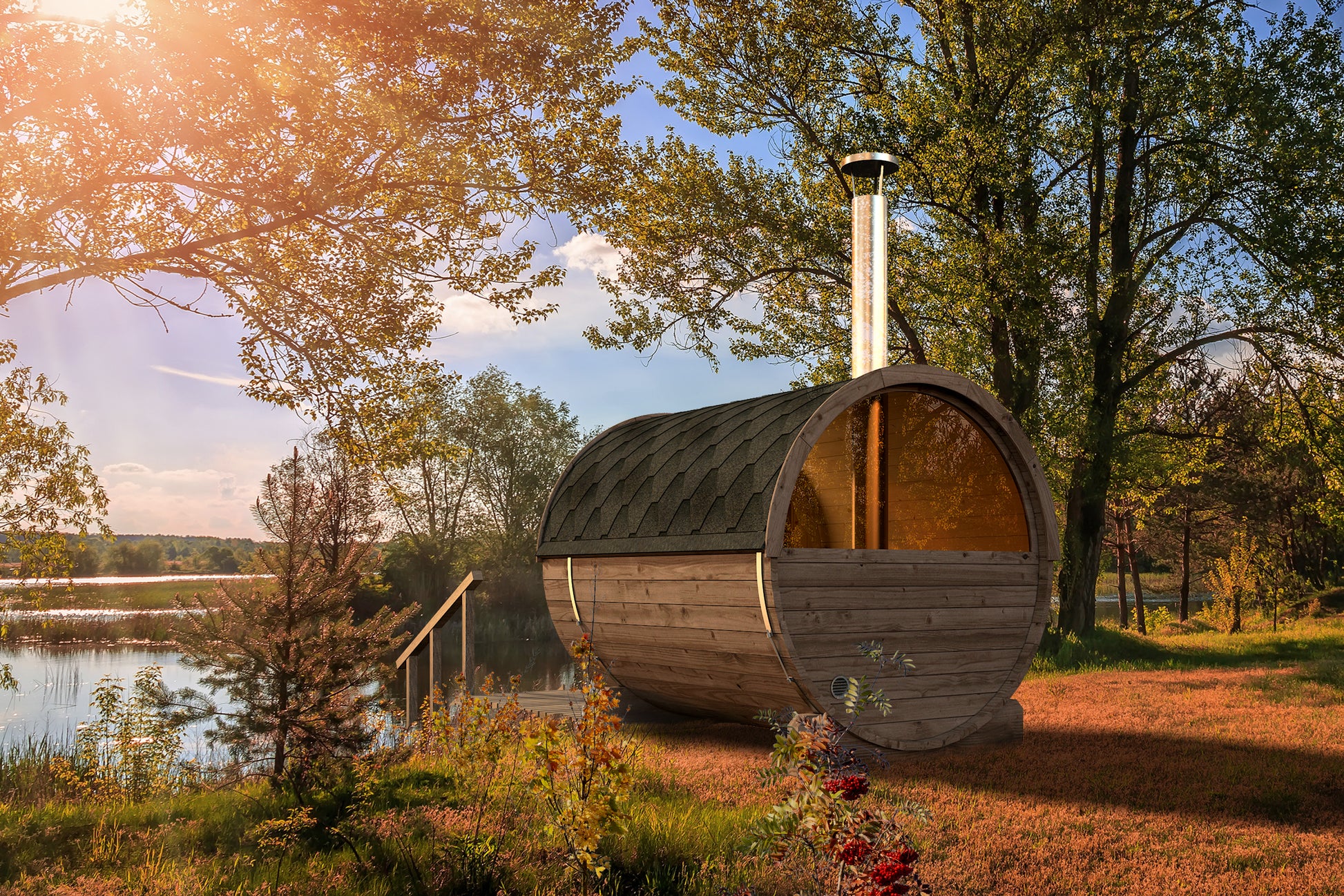 charnia 280 classic 6 person outdoor barrel sauna with terrace product exterior view — view 6