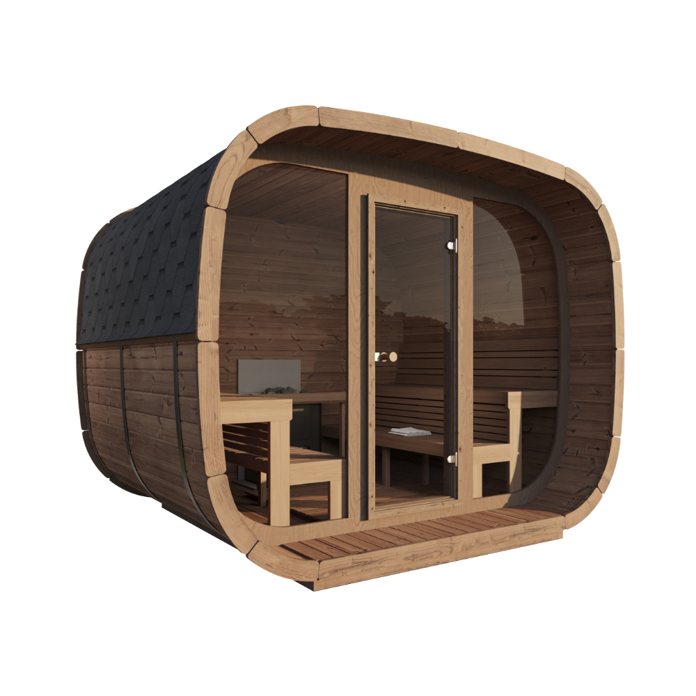 Vista 240 Deluxe Thermowood with Glass Front 6 Person Outdoor Cube Sauna cutaway render